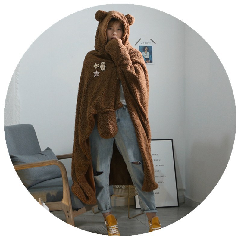 美帮汇秋冬新款羊羔绒连帽斗篷披肩毯法兰绒加厚保暖可穿戴成人披风高清大图