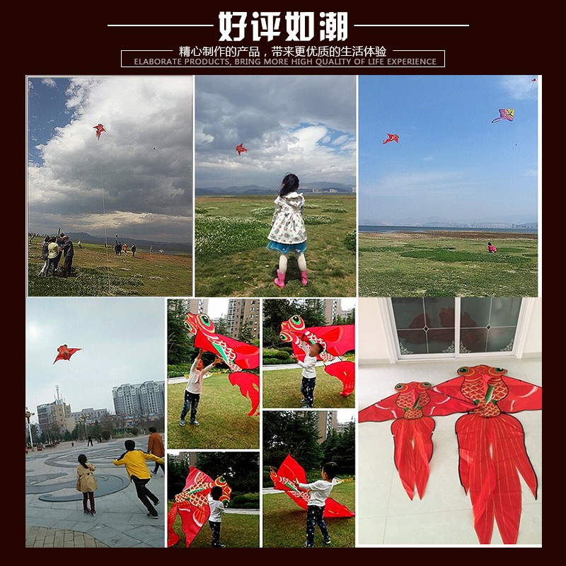 潍坊金鱼风筝线轮儿童成人初学者风筝大金鱼鲤鱼风筝微风易飞创意 三维工匠 2米烫金大红金鱼+22水晶绿轮400米