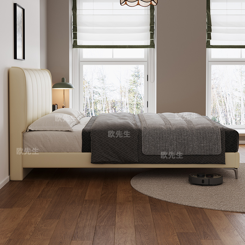 头层牛皮床主卧次卧双人大床实木真皮极简婚床高清大图