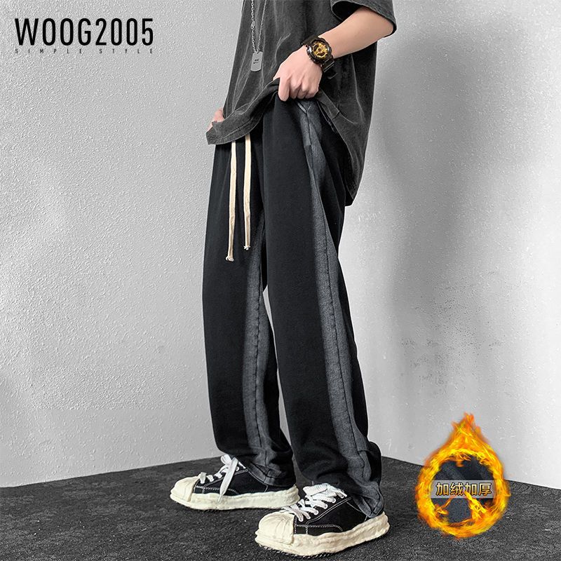 WOOG2005 牛仔裤男宽松拖地长裤侧边条纹阔腿休闲裤ins港风百搭潮