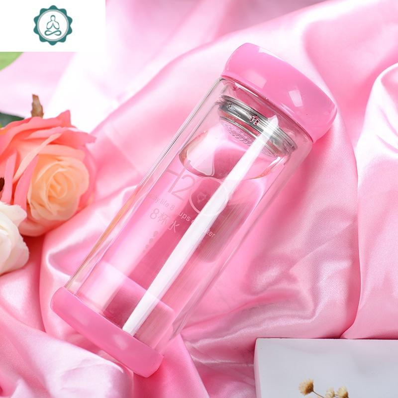 双层可爱网红玻璃杯男女便携学生家用隔热水杯子带盖过滤网泡茶杯 封后 玻璃杯拒绝油炸粉色+杯套