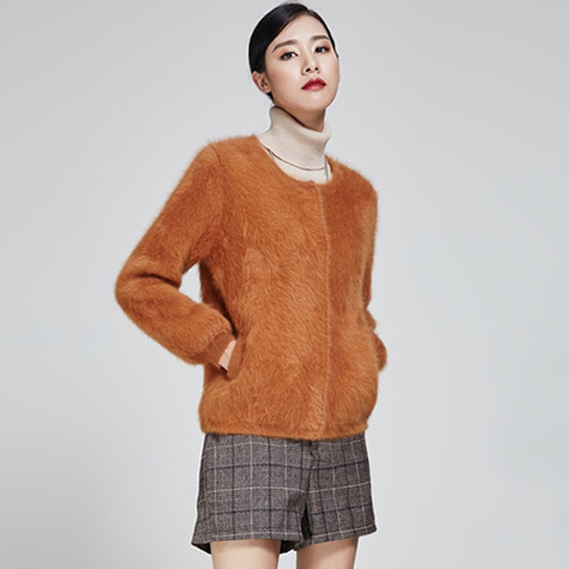 冬季貂绒毛衣女外套开衫圆领加厚短款针织衫外穿长毛毛绒大衣