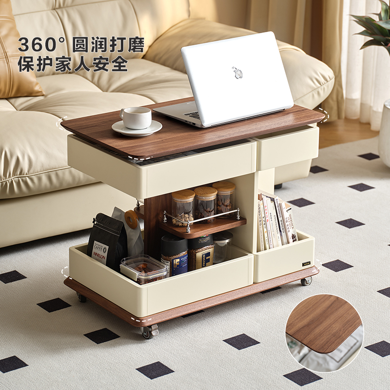 全友家居茶几现代简约客厅移动沙发边几可升降旋转储物收纳零食车高清大图