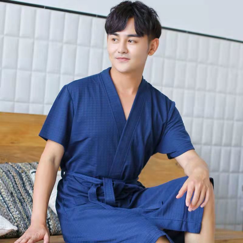 春秋新款睡袍宽松华夫格男女浴衣院酒店浴袍夏季晨袍情侣睡衣 L120-150斤 华夫格-藏青色男【短袖】