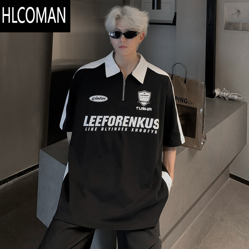 HLCOMANpolo衫短袖t恤男夏季新款美式复古街头宽松拼接撞色翻领半袖体恤