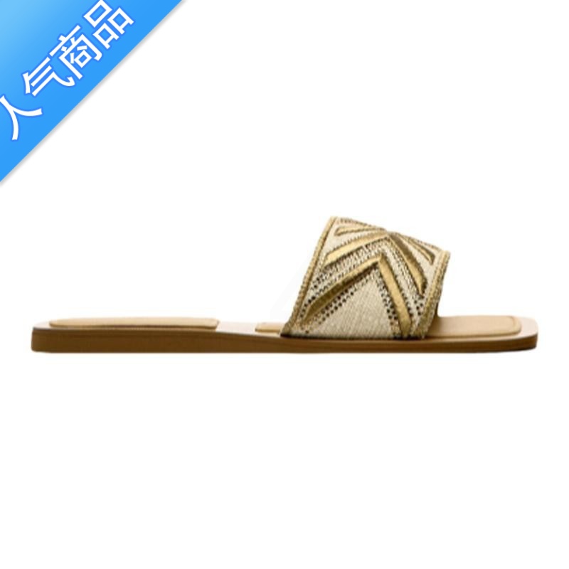 SUNTEK夏季新款女鞋金色法式复古平底凉鞋刺绣一字拖鞋女外穿沙滩凉拖高清大图
