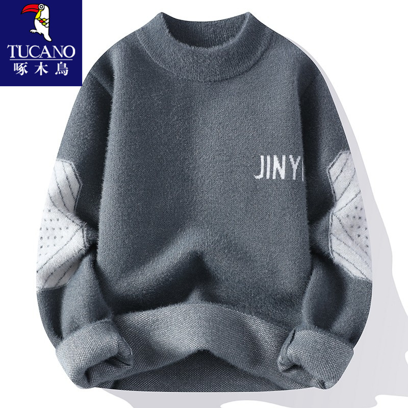 啄木鸟】水貂绒毛衣男秋冬季青少年半高领针织打底衫加厚保暖上绒高清大图