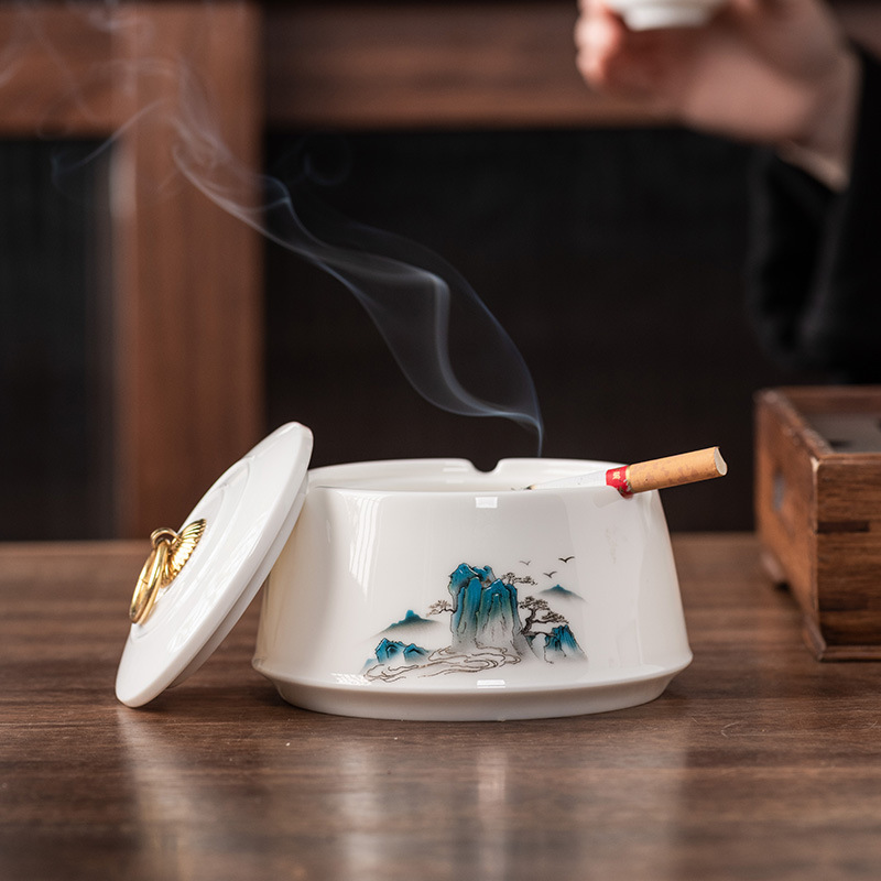 羊脂玉陶瓷烟灰缸中式带盖轻奢个性潮流办公室客厅家用防飞灰高档-玉瓷/烟灰缸-素雅高清大图