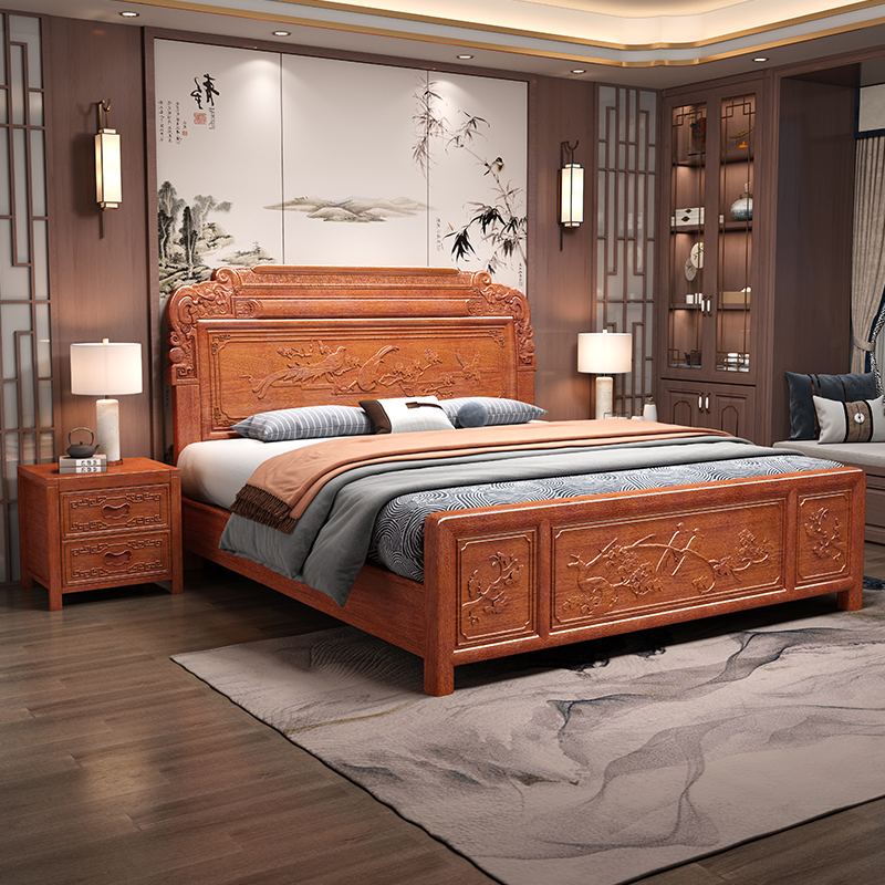 实木床1.8米红木新中式仿古典卧家具简约金花梨木双人床雕花婚床