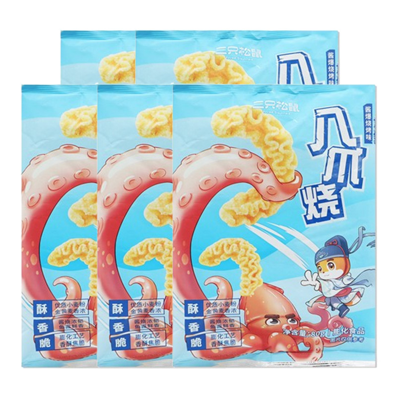 三只松鼠八爪烧酱爆烧烤味膨化小吃八爪烧80g*5袋