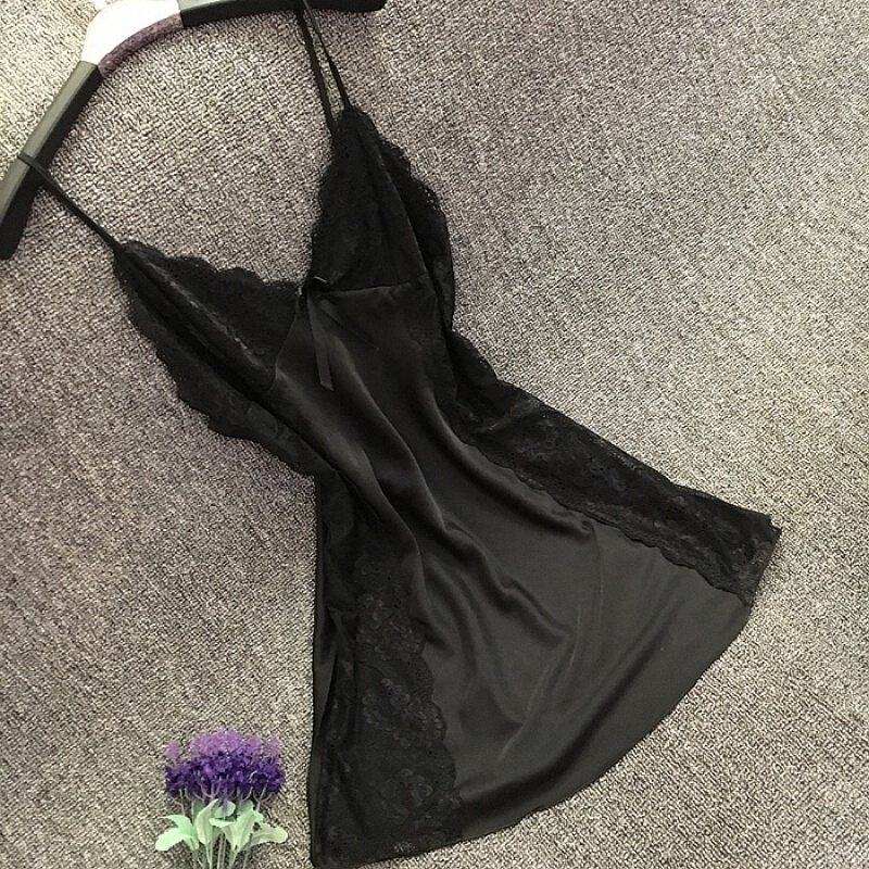 夏季带睡裙女款仿真丝质性感黑色蕾丝睡衣薄款短裙