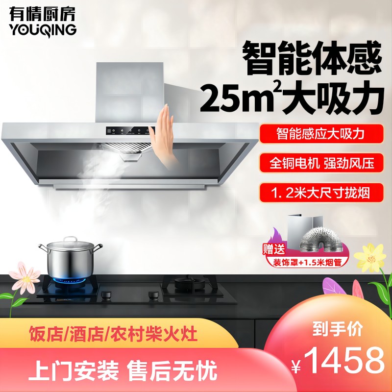 有情 商用油烟机25m³大吸力餐饮食堂一级能效自动清洗智能触碰饭店农村柴火灶土灶大功率单电机不锈钢款YX-120T