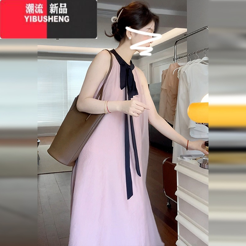 YIBUSHENG法式粉色气质挂脖连衣裙子女季2024新款海边度假无袖长裙网纱裙