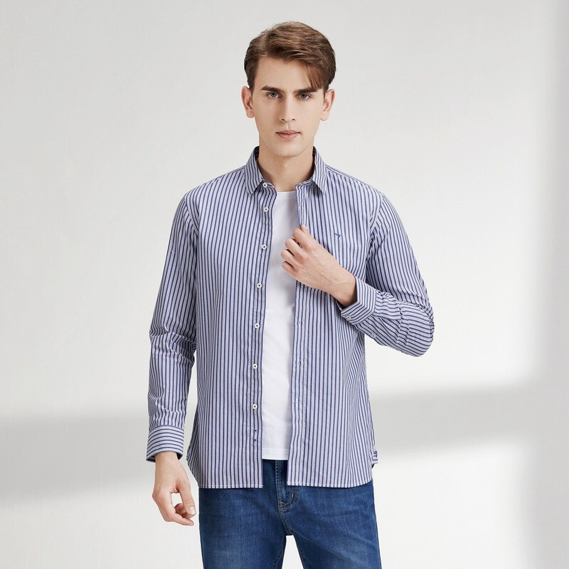 纯棉柒牌男装长袖衬衫男商务青年休闲百搭条纹宝蓝衬衣122ja70770