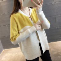 2018秋装新款针织衫开衫女装宽松韩版拼色长袖毛衣百搭外套棒球服黄色均码
