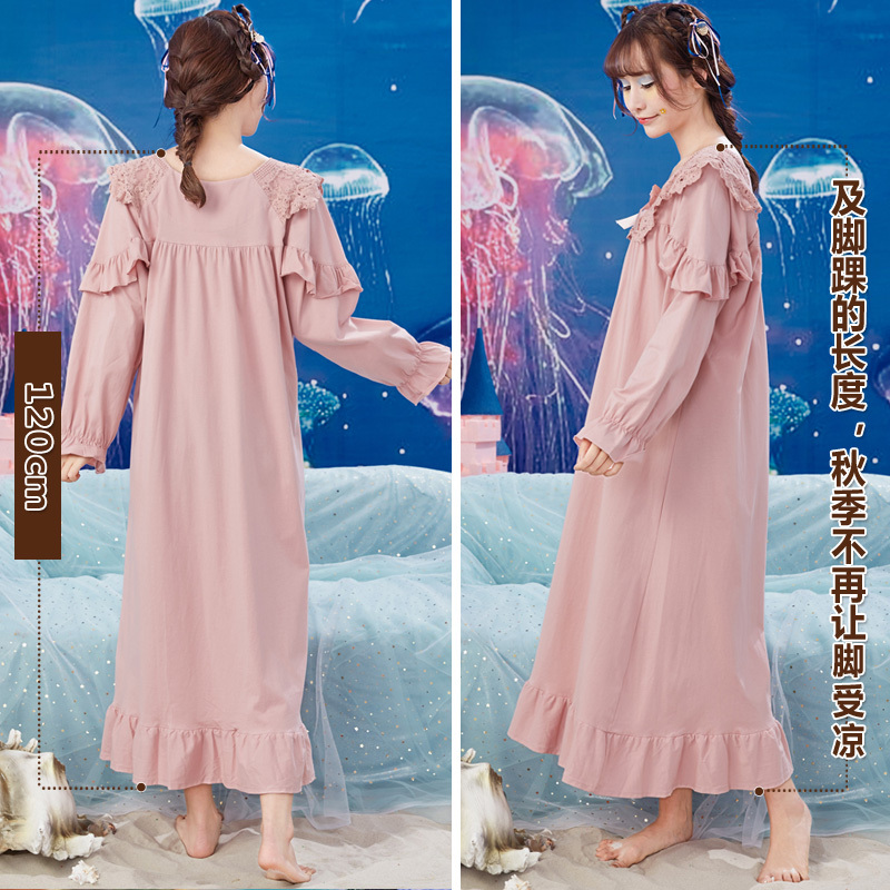 茜靓睡裙女春秋季长袖甜美纯棉韩版公主家居服可爱大码长款很仙的睡衣女夏