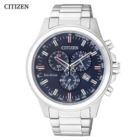 西铁城(CITIZEN)手表 光动能不锈钢带日历显示三眼指针休闲商务男表 蓝盘三眼分钟计时男表AT2310-57L