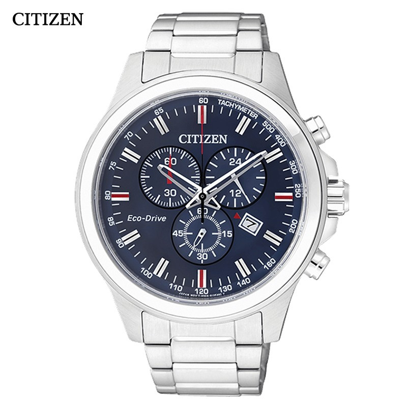 西铁城(CITIZEN)手表 光动能不锈钢带日历显示三眼指针休闲商务男表 蓝盘三眼分钟计时男表AT2310-57L