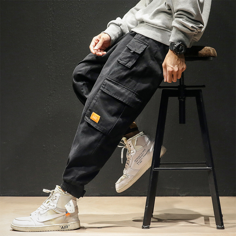 yuansu日系秋季2020款裤子男士宽松直筒工装裤韩版潮流束脚裤大码休闲
