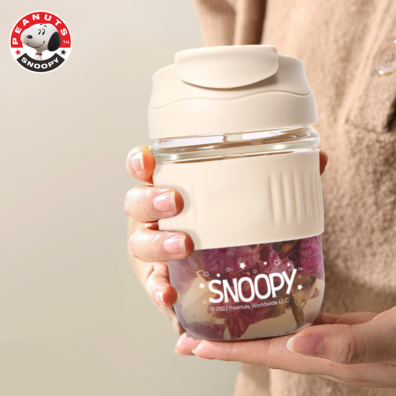 史努比(SNOOPY)玻璃水杯新款带吸管简约便携牛奶杯双饮杯高颜值水杯CQG3322