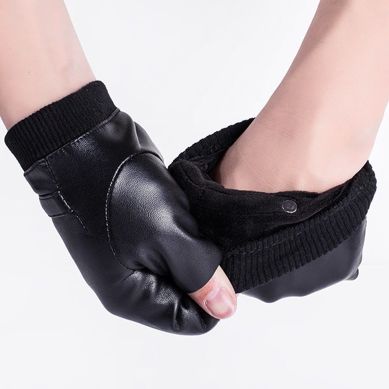 皮半指黑色皮手套半指冬季保暖男冬加绒骑行钓鱼潮帅气男士露指半截