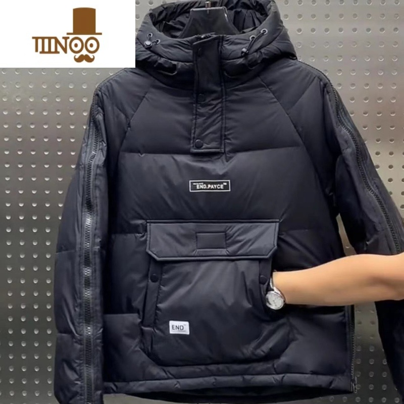 YANXU2022冬季拉链工装羽绒棉服潮流男士连帽短款外套情侣加厚套头棉连 L 黑色