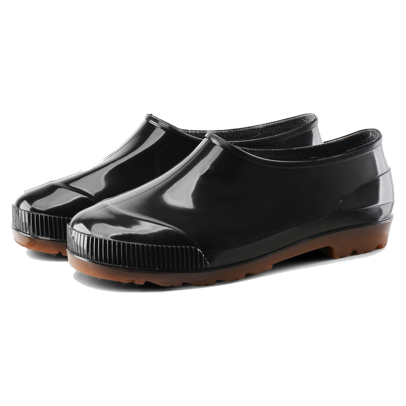 谋福 252 浅口春秋男雨鞋低帮套脚水鞋防水防滑鞋厨师鞋PVC胶鞋 黑色棕底 39