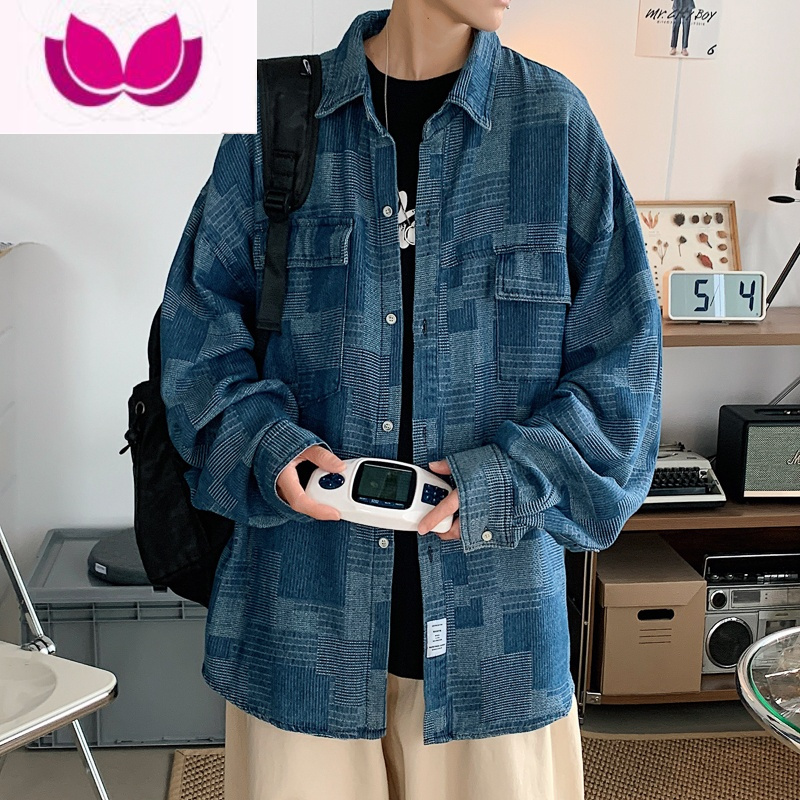 七斓新款美式工装风复古水洗牛仔格子长袖衬衫男潮流衣服外套上衣