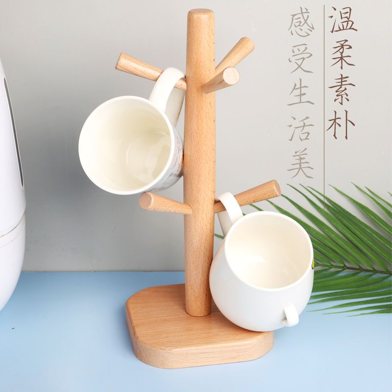 榉木六爪杯架日式创意放杯子架沥水架家用简约收纳茶杯架水杯挂架 [本色-无漆]+送防滑垫