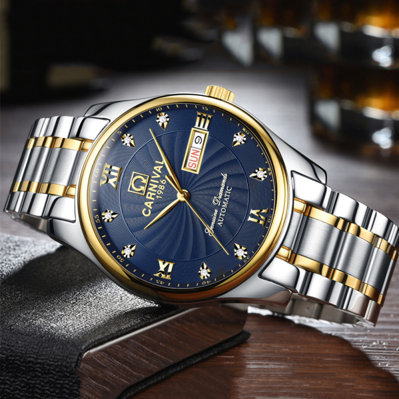 瑞士嘉年华Carnival正品新款手表全自动机械表 男表休闲时尚镶钻间金双日历手表男士防水金属腕表男士表8671高清大图