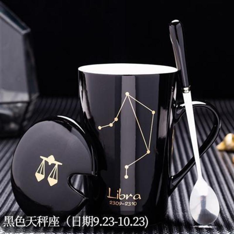 十二星座马克杯创意陶瓷杯带盖勺家用喝水杯子办公咖啡杯情侣茶杯 白色天蝎座+盖+勺