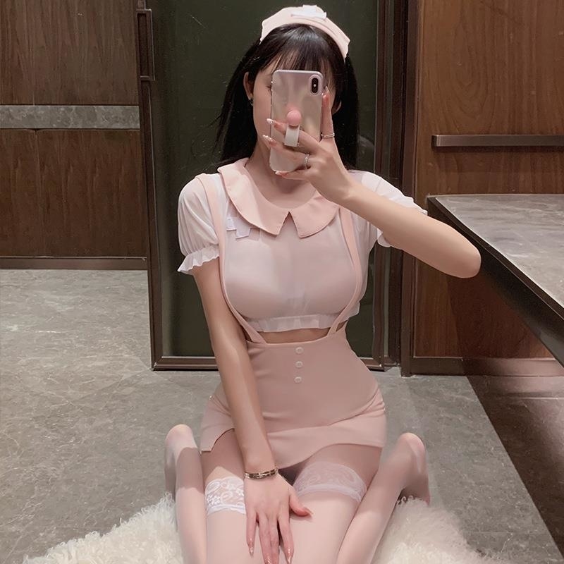 长夜漫漫情趣内衣性感护士服甜美套装镂空激情免脱制服诱惑女1606 粉色+白网袜 均码(80-130斤)