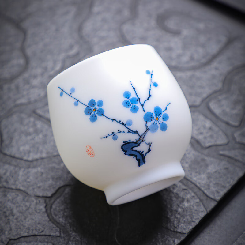 拓牌 素烧手绘羊脂玉瓷品茗杯 五福梅花 TP052高清大图