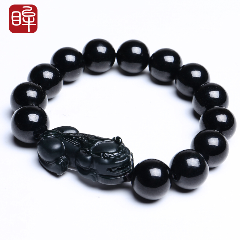 印象眸 墨翠貔貅手链 男女款翡翠圆珠玉石手串 附送证书