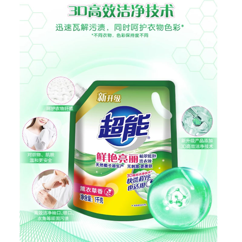 嘉创优品 超能洗衣液薰衣草香味持久除菌袋装 1kg*3袋 共6斤高清大图