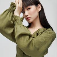 [1件5折价:210]MECITY女装秋季新款荷叶边长袖收腰V领连衣裙女