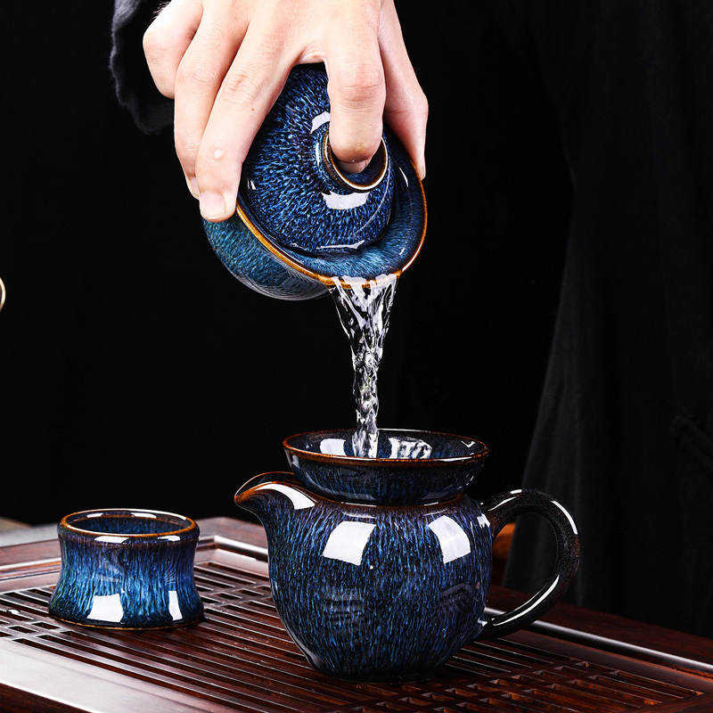 功夫茶具套装家用陶瓷天目窑变泡茶器客厅办公室会客整套 井中月功夫茶具12头(窑变蓝)