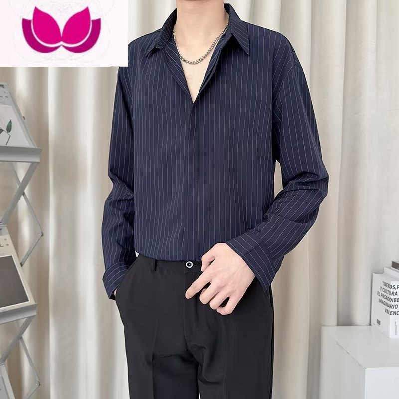 七斓黑色条纹衬衫男士商务休闲西装内搭打底百搭衬衣垂感免烫寸衫外套