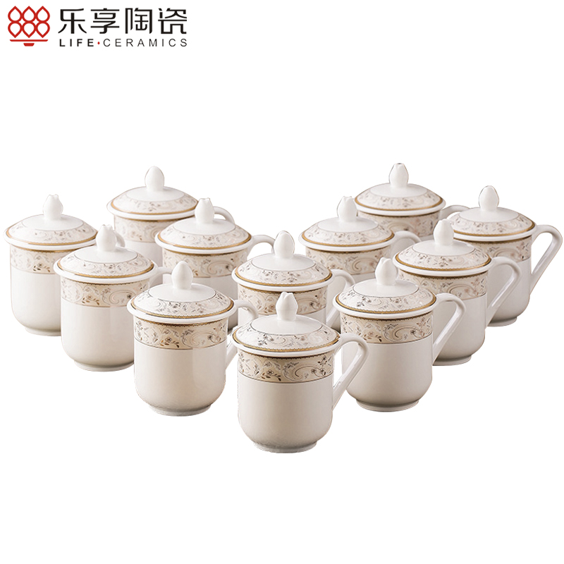 乐享 陶瓷茶具套装12只装办公会议泡茶杯水杯子套装马克杯珠联璧合