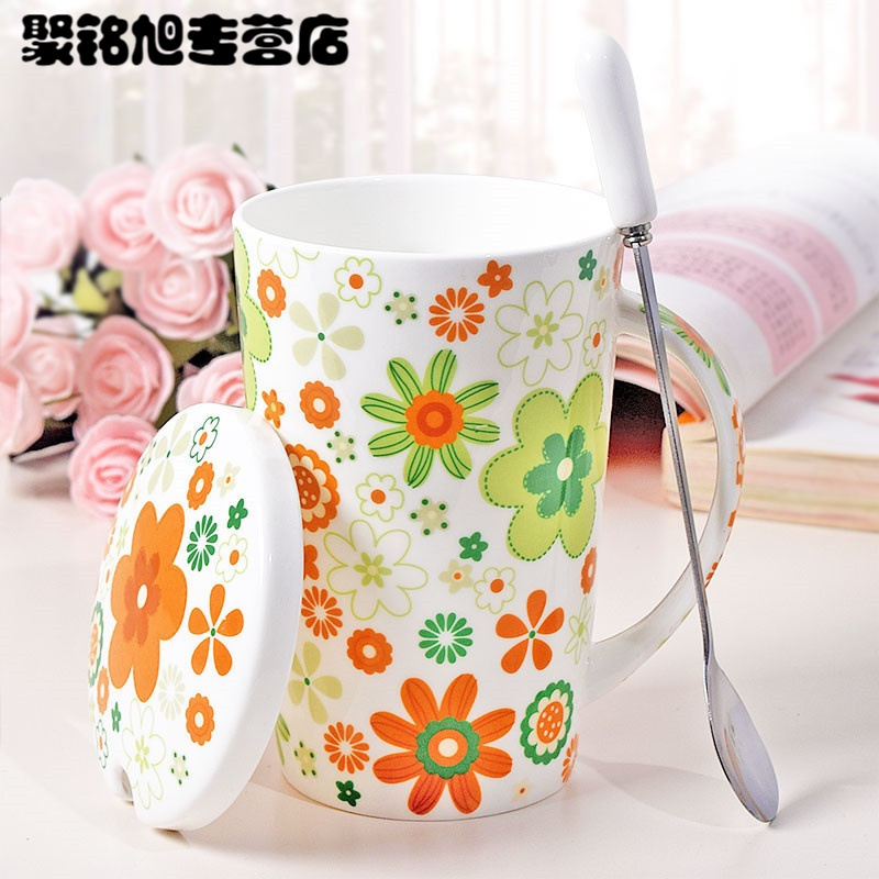家用骨瓷马克杯子陶瓷茶杯喝水杯带盖勺办公室咖啡杯大容量创意瓷杯家用喝水杯子新款创意杯子喝水杯家用陶瓷杯
