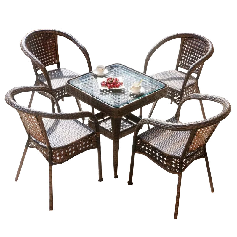 锦北 藤椅阳台桌椅庭院藤编椅子花园茶几藤椅组合 4椅+64透明玻璃方桌