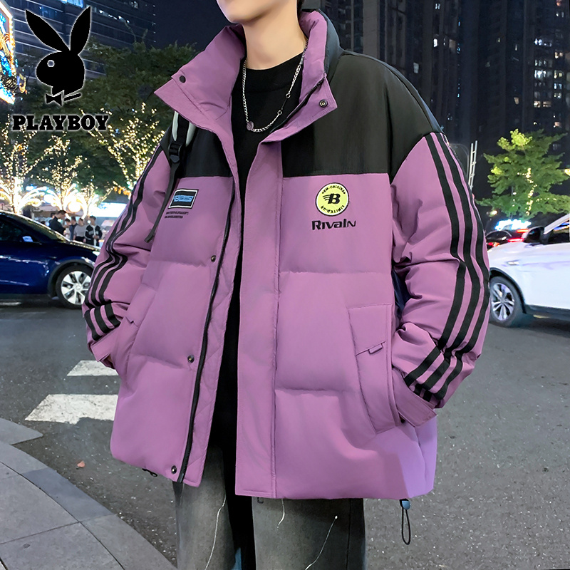 花花公子新款白鸭绒立领外套潮款拼接撞色羽绒服阔版保暖高清大图