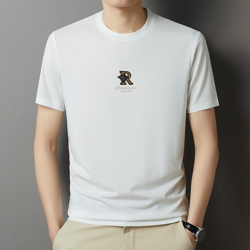 专柜新款男士冰丝短袖t恤男夏季印花桑蚕丝粉色圆领宽松上衣潮牌 白色 180