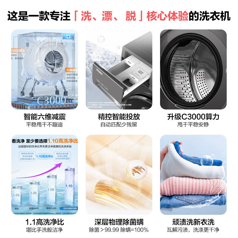 海尔(Haier)滚筒洗衣机10kg容量 全自动超薄机身平嵌家用除菌除螨智能投放初色系列 EG100BD39S高清大图