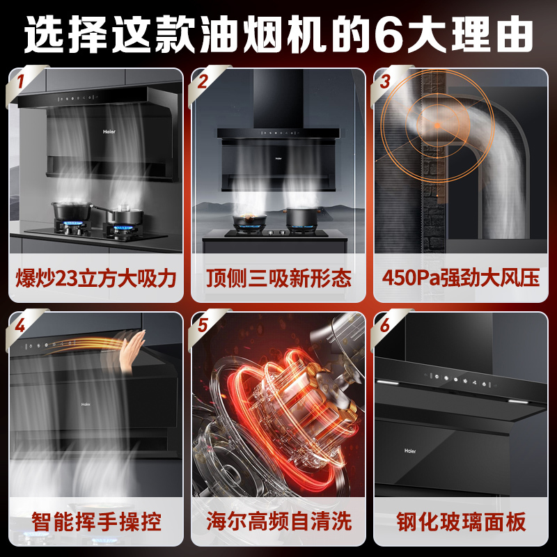 海尔(Haier)油烟机23m³爆炒大风量顶侧三吸不跑高频自清洗挥手智控一级能效烟机燃气灶套装EC715+Q2BE52天