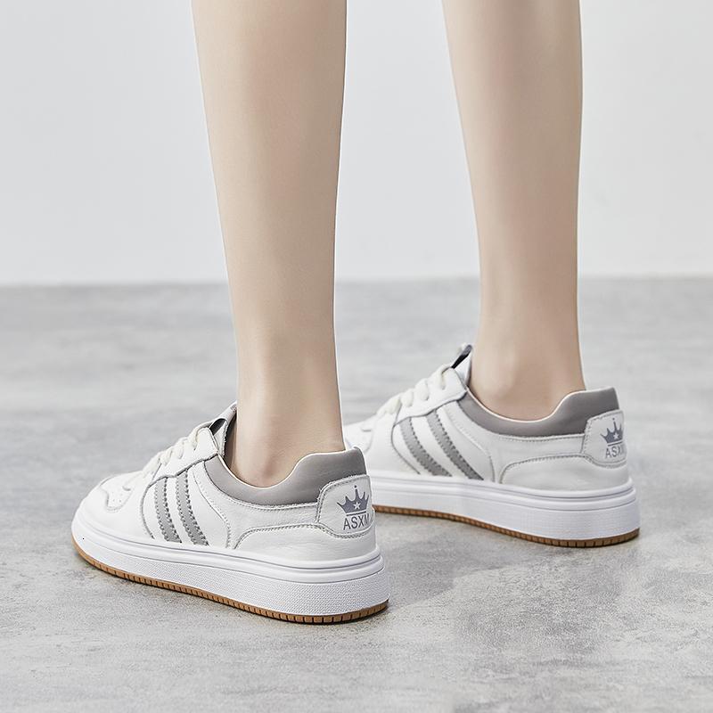 品牌百丽牧貂小白鞋女真皮2021年秋季新款百搭平底纯皮软底轻便休闲