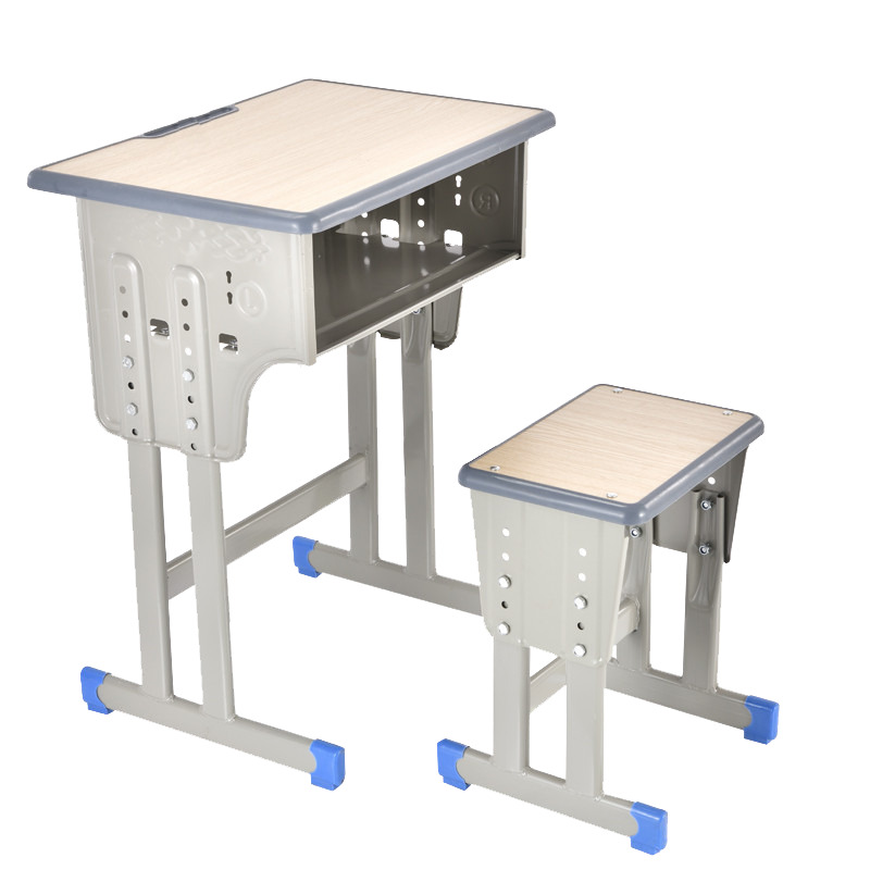 文灵中小学生课桌椅学校培训班辅导班课桌升降儿童书桌学习课桌椅套装 单人灰边双柱桌配双柱方凳款