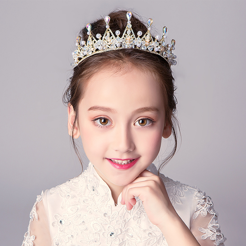 图片色儿童皇冠头饰公主女童生日发饰王冠水晶小孩花童演出珍珠配饰