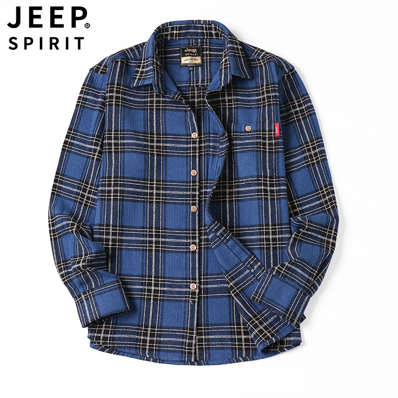 JEEP SPIRIT吉普男士衬衫法兰绒大格子厚款长袖衬衣秋冬户外简约休闲格纹长衬