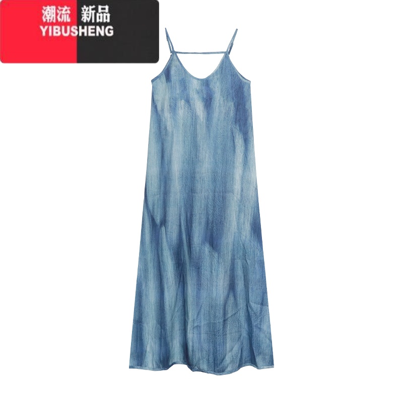 YIBUSHENG设计感晕染吊带连衣裙女装季慵懒风宽松垂感大摆裙长裙 蓝色 L